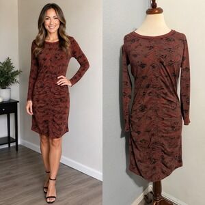 Cotton Blend Sandwich Dress S Brown Abstract Floral Ruched Long Sleeve Sheath